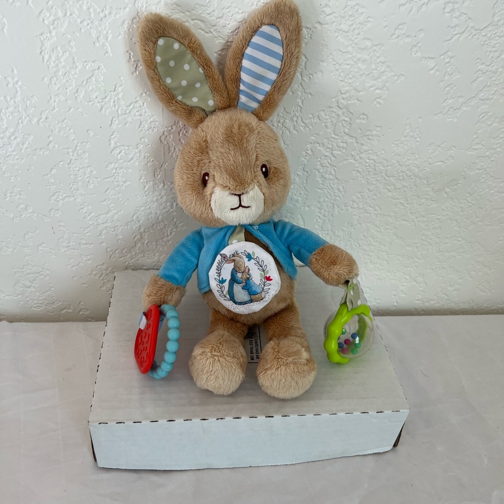 Peter Rabbit Plush Toy with Blue Jacket learning activity rattle teether